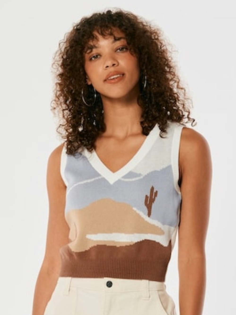 Hollister Desert Motif V-Neck Knit Vest - Cream, Blue, Tan, Brown XS